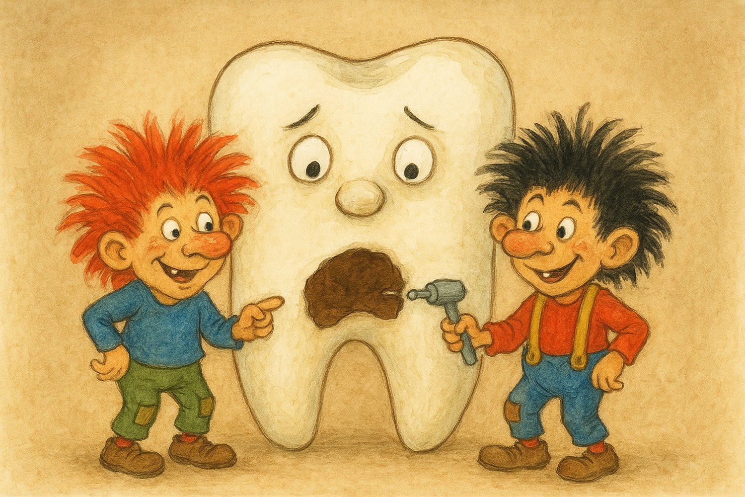 Illustration der Zahnkobolde Karius und Baktus